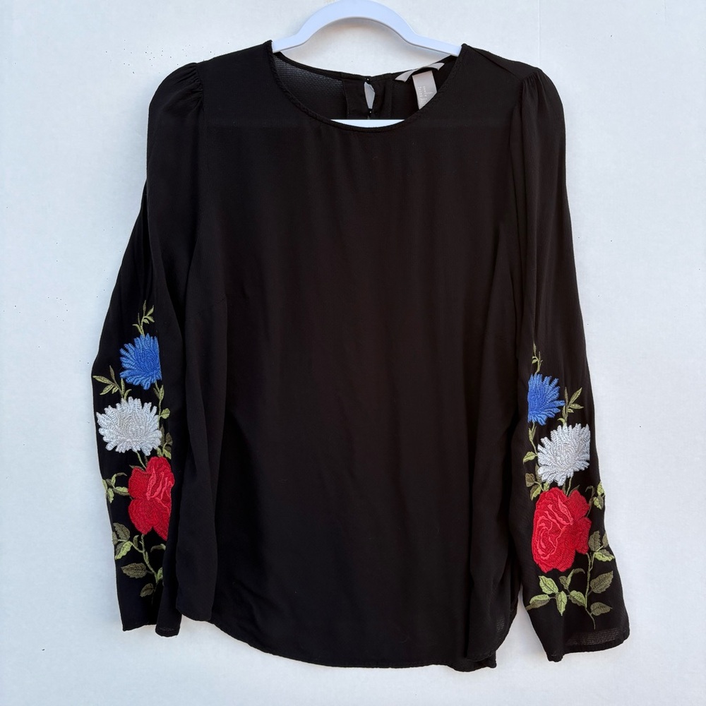 H&M Women’s Black Blouse with Colorful Floral Embroidery Size 18